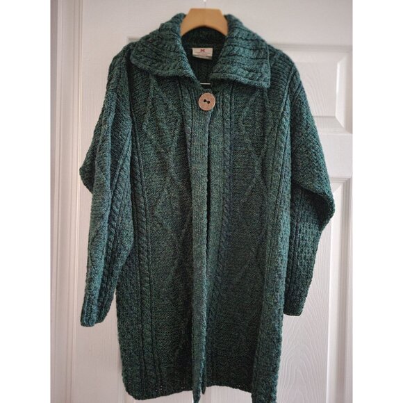 Carraig Donn Irish knitwear Cardigan Womens Green Wool Size Small Fisherman Flaw - Picture 2 of 11